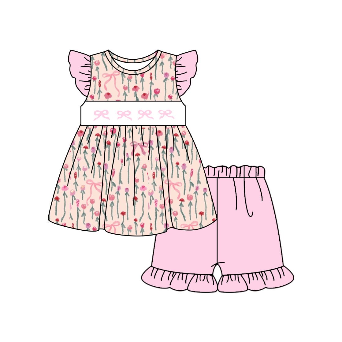 MOQ 5 preorder GSSO2789 Bows Flower Pink Flying Sleeve Shorts Girls Sets 202510