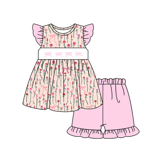 MOQ 5 preorder GSSO2789 Bows Flower Pink Flying Sleeve Shorts Girls Sets 202510
