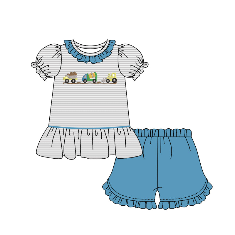 MOQ 5 preorder GSSO2790 Construction Vehicle Gray Stripe Blue Ruffle Short Sleeve Shorts Girls Sets 202510