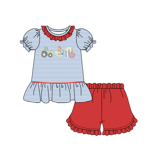 MOQ 5 preorder GSSO2791 Tractor Chicken Popcorn Blue Stripe Red Ruffle Short Sleeve Shorts Girls Sets 202510