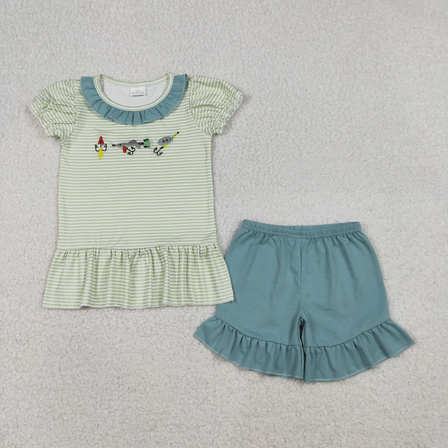 GSSO2792 Embroidered Fishing Lure Green Stripe Ruffle Short Sleeve Shorts Girls Sets 202512 RTS
