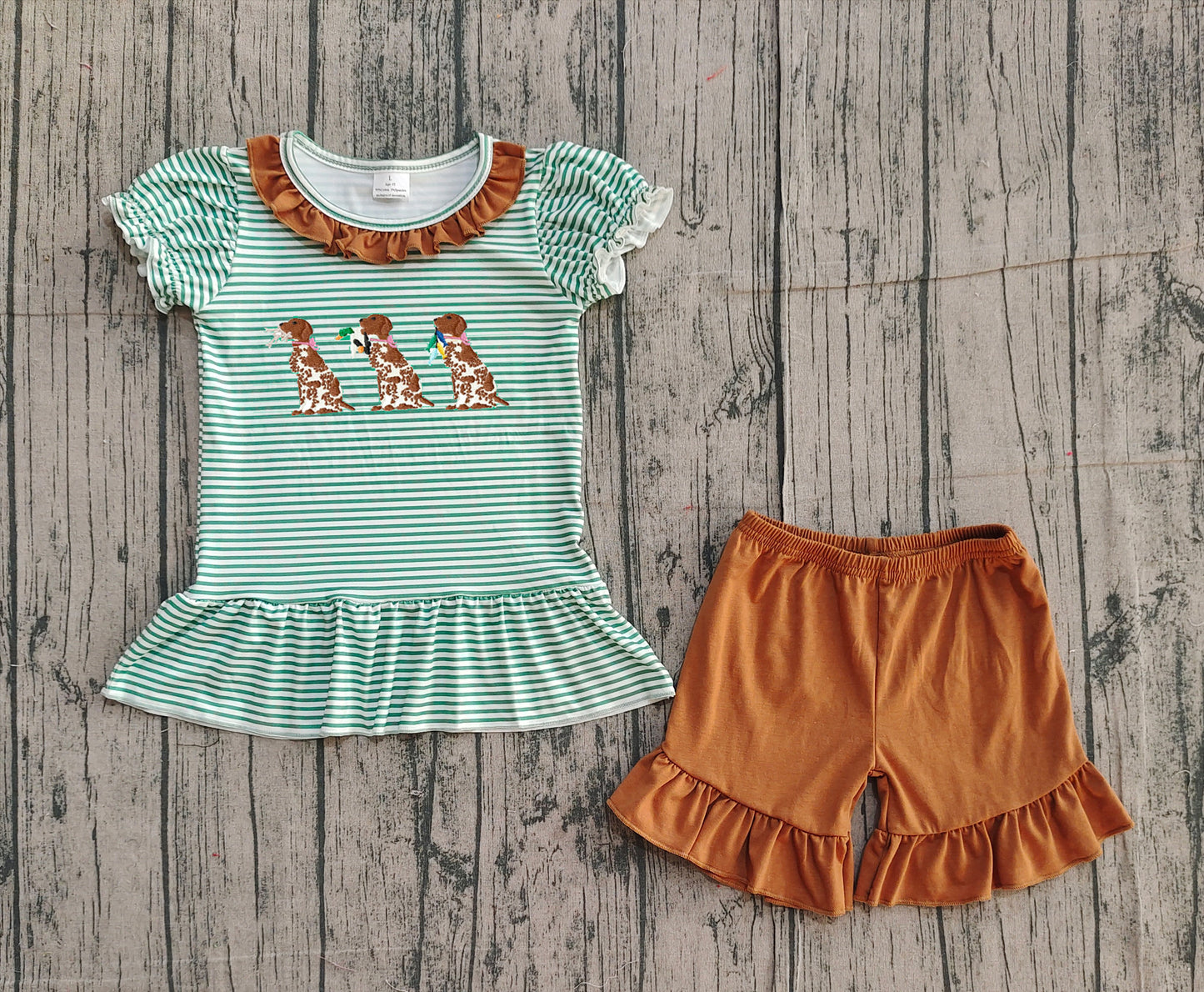 NO MOQ preorder GSSO2793 Embroidered Dalmatian Duck Green Stripe Brown Ruffle Short Sleeve Shorts Girls Sets 202511