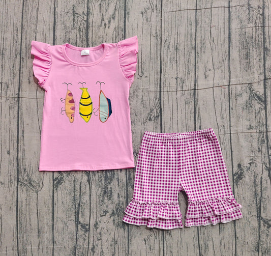 NO MOQ preorder GSSO2795 Embroidered Fishing Bait Rose Red Ruffle Flying Sleeve Plaid Shorts Girls Sets 202511