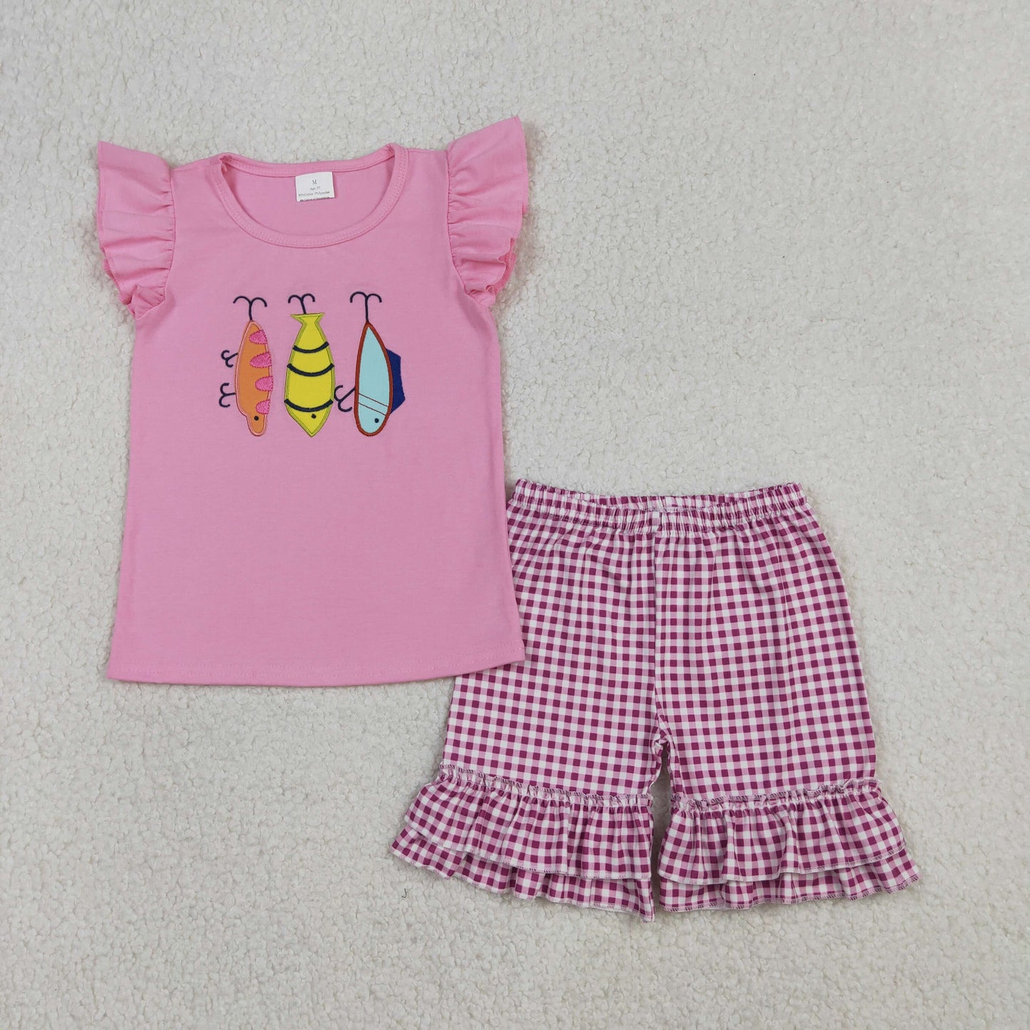 GSSO2795 Embroidered Fishing Bait Rose Red Ruffle Flying Sleeve Plaid Shorts Girls Sets 202512 RTS