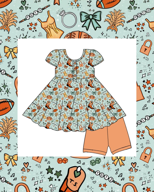 MOQ 5 preorder GSSO2798 Taylor Boots Bows Orange Green Short Sleeve Shorts Girls Sets 202510