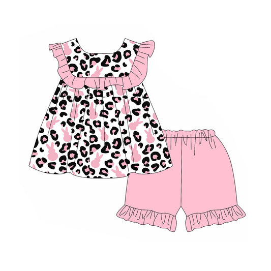 MOQ 5 preorder GSSO2800 Easter Bunny Leopard Pink Ruffle Flying Sleeve Shorts Girls Sets 202510