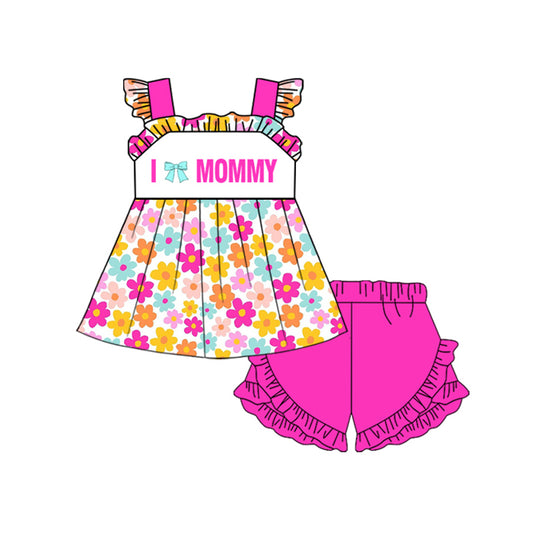 MOQ 5 preorder GSSO2801 I Love Mommy Colored Flower Flying Sleeve Rose Red Ruffle Shorts Girls Sets 202510