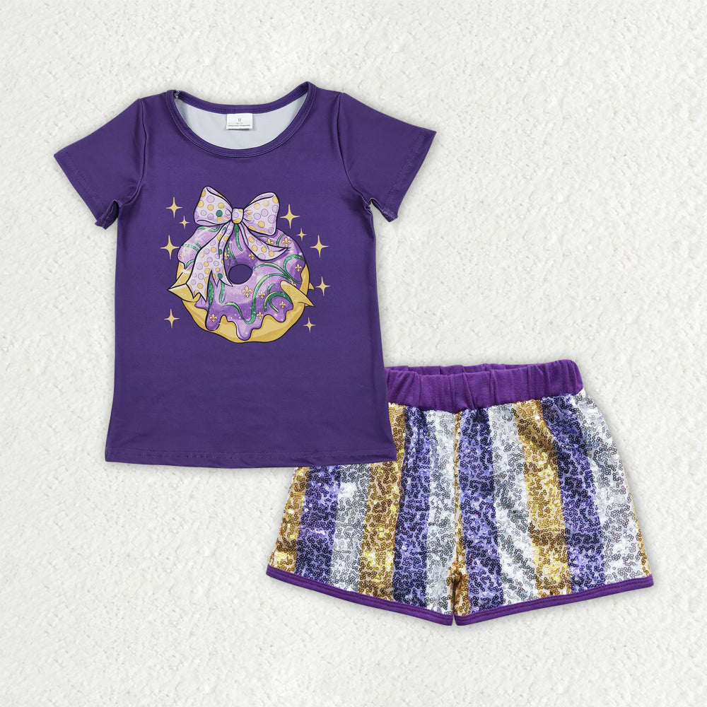 GSSO2804 Mardi Gras Bows Donut Purple Short Sleeve Purple Golden Silver Sequin Shorts Girls Sets 202510 RTS