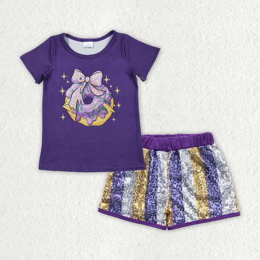 GSSO2804 Mardi Gras Bows Donut Purple Short Sleeve Purple Golden Silver Sequin Shorts Girls Sets 202510 RTS
