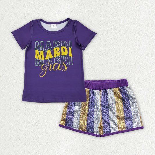 GSSO2805 Mardi Gras Letter Purple Short Sleeve Purple Golden Silver Sequin Shorts Girls Sets 202510 RTS