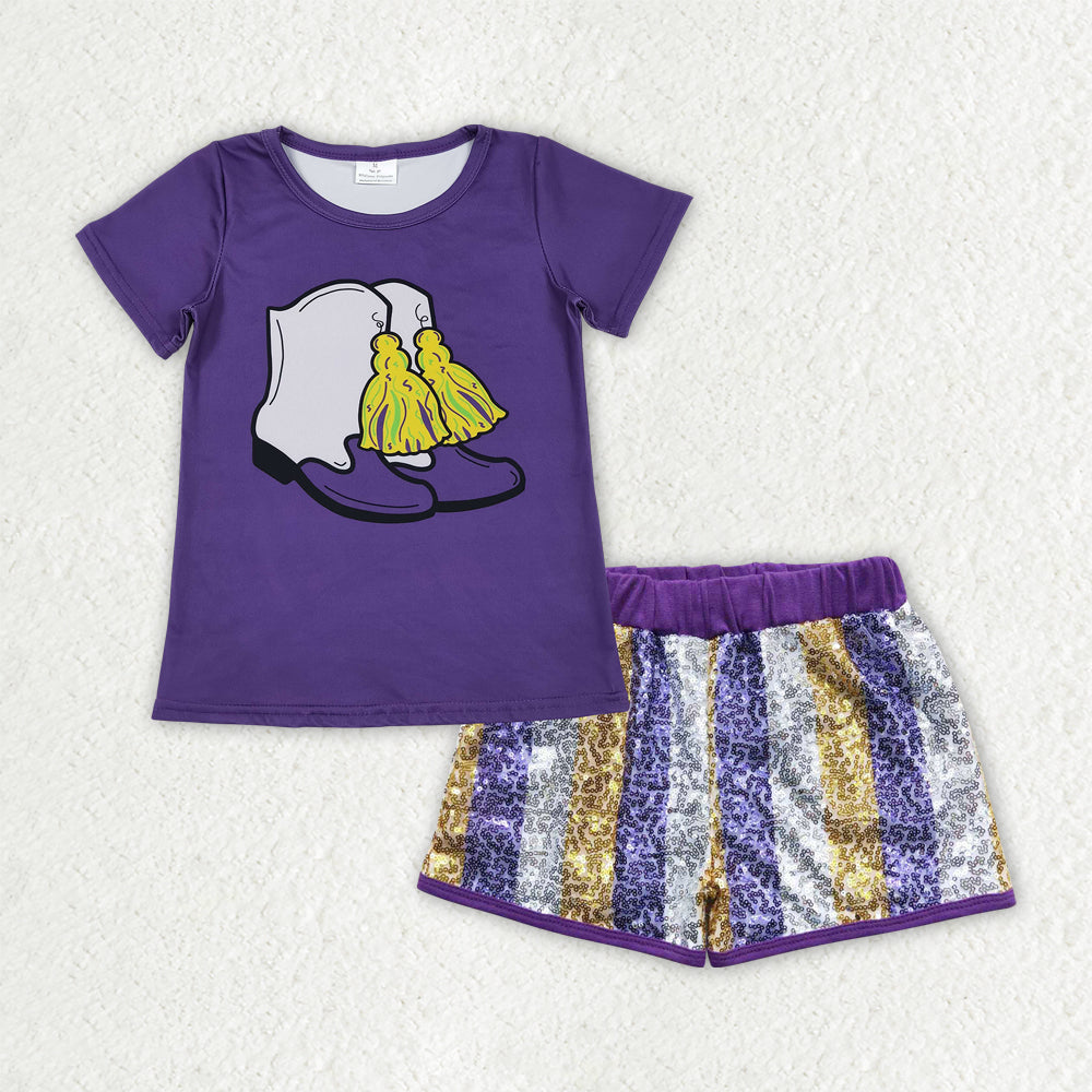 GSSO2806 Mardi Gras Boots Purple Short Sleeve Purple Golden Silver Sequin Shorts Girls Sets 202510 RTS