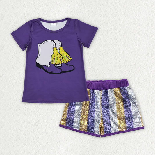 GSSO2806 Mardi Gras Boots Purple Short Sleeve Purple Golden Silver Sequin Shorts Girls Sets 202510 RTS