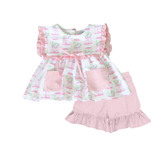 MOQ 5 preorder GSSO2807 Gashapon Machine Pink Pocket Ruffle Short Sleeve Shorts Girls Sets 202510