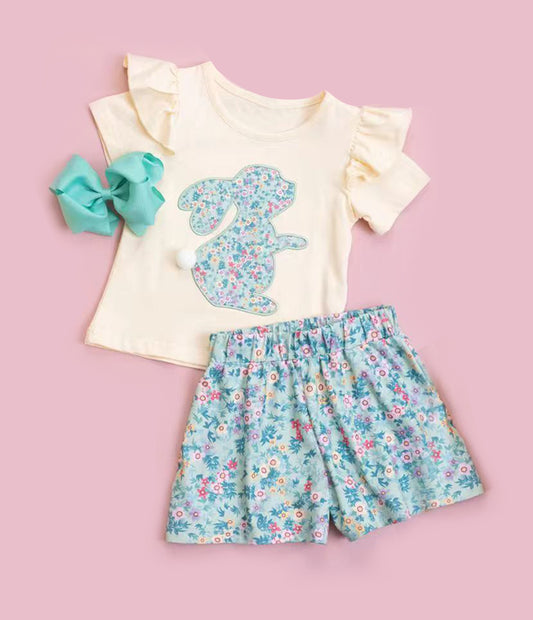 MOQ 5 preorder GSSO2808 Easter Bunny Flower Ruffle Short Sleeve Shorts Girls Sets 202510