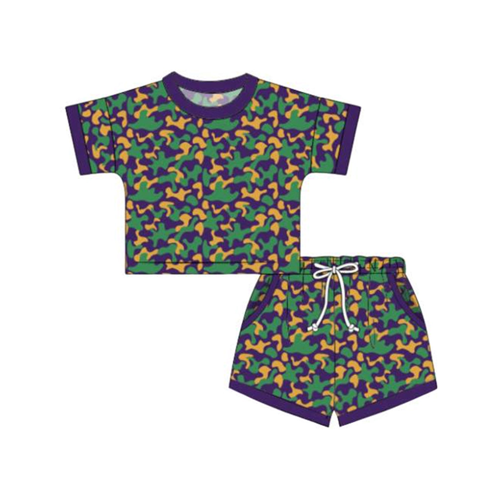 MOQ 5 preorder GSSO2813 Mardi Gras Camouflage Purple Neck Short Sleeve Shorts Girls Sets 202510