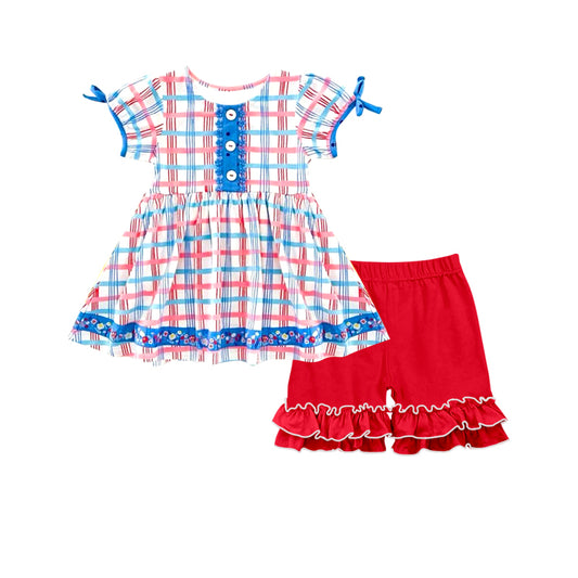 MOQ 5 preorder GSSO2815 4th of July Red Blue Plaid Ruffle Short Sleeve Shorts Girls Sets 202510