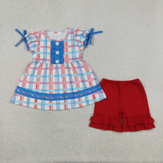 GSSO2815 4th of July Red Blue Plaid Ruffle Short Sleeve Shorts Girls Sets 202605 RTS