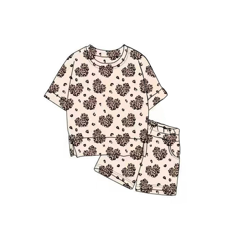 MOQ 5 PCS preorder GSSO2819 Leopard Love Beige Short Sleeve Shorts Girls Sets 202511