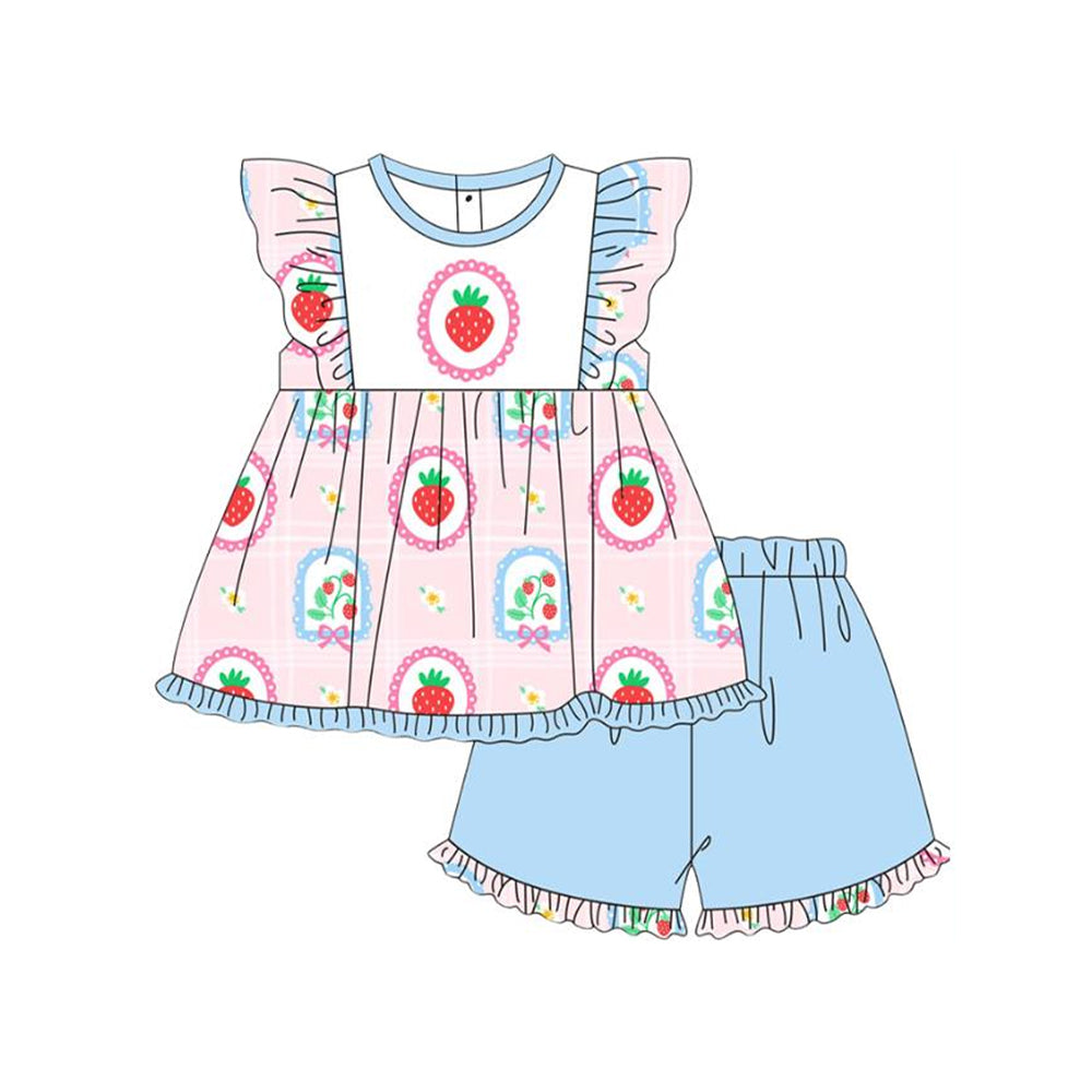 MOQ 5 PCS preorder GSSO2822 Strawberry Flower Ruffle Pink Flying Sleeve Blue Shorts Girls Sets 202511