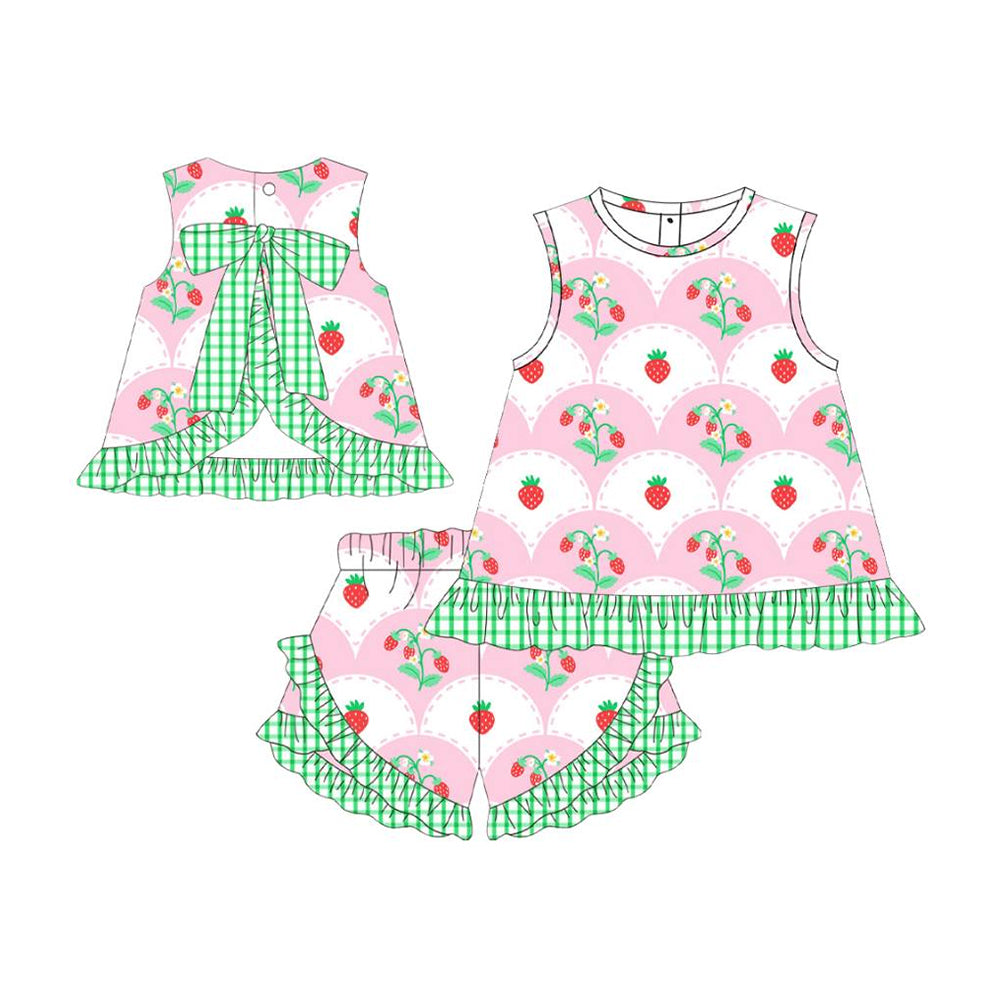 MOQ 5 PCS preorder GSSO2823 Strawberry Floral Bow Green Plaid Ruffle Backless Sleeveless Shorts Girls Sets 202511
