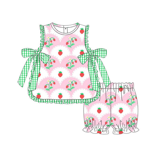 MOQ 5 PCS preorder GSSO2824 Strawberry Floral Bow Green Plaid Sleeveless Shorts Girls Sets 202511