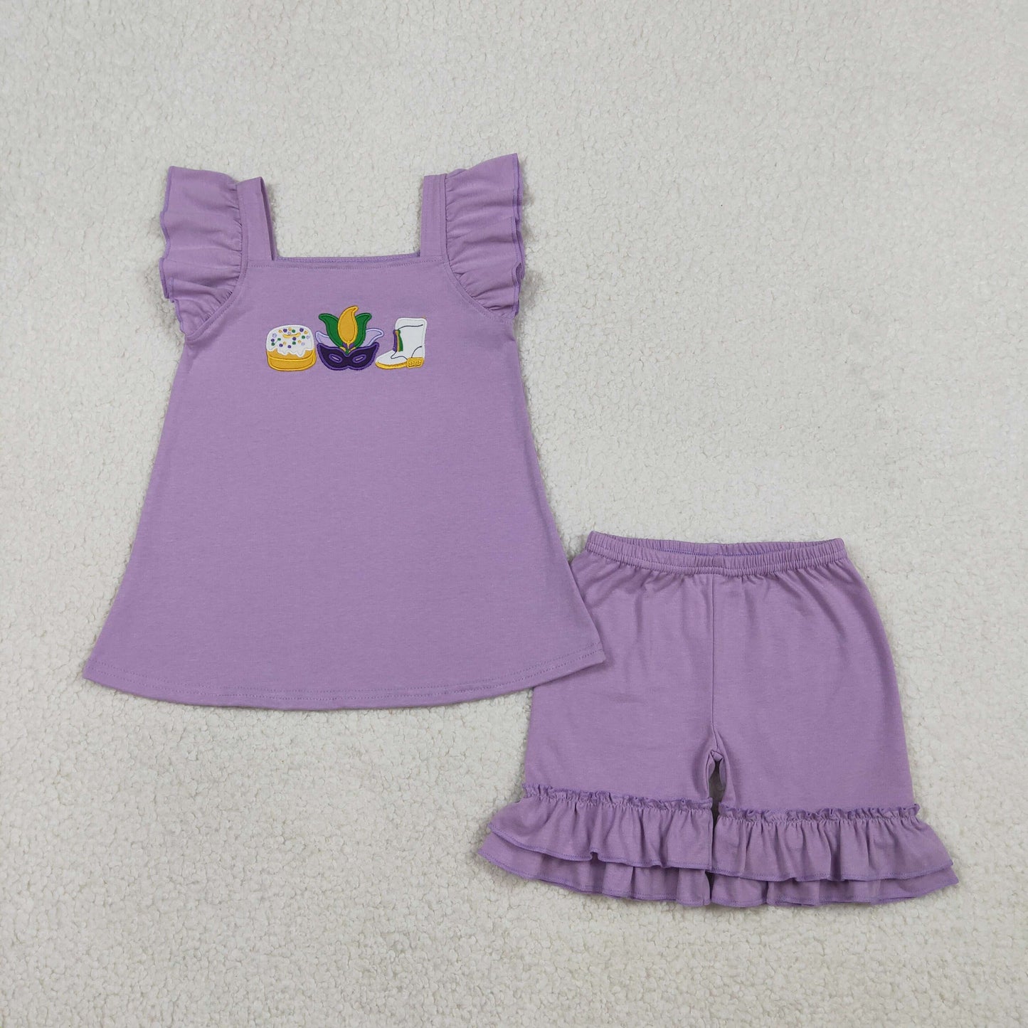 GSSO2828 Mardi Gras Cake Mask Boots Purple Flying Sleeve Ruffle Shorts Girls Sets 20260119 RTS