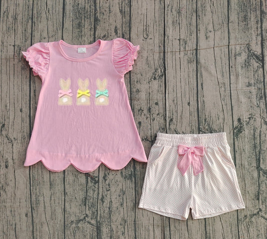 NO MOQ preorder GSSO2829 Embroidered Easter Bunny Pink Puff Short Sleeve Shorts Girls Sets 202512