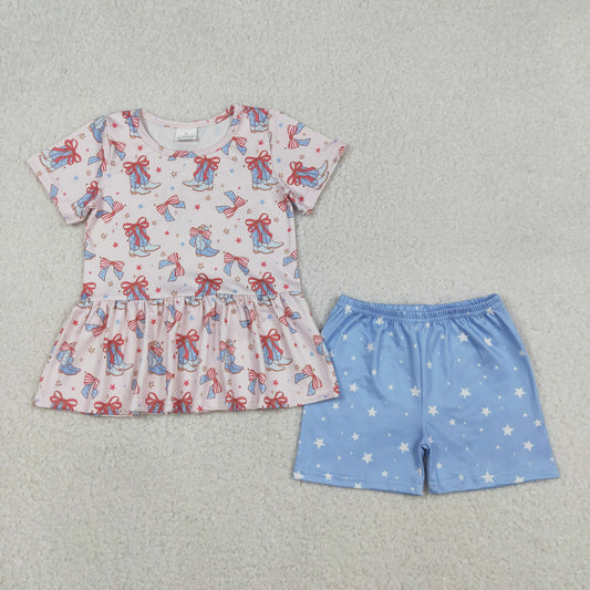 GSSO2837 4th of July Bows Boots Star Short Sleeve Blue Shorts Girls Sets 202512 RTS