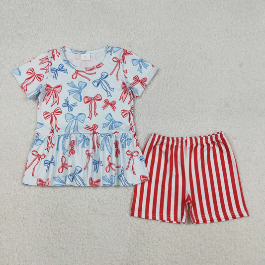 GSSO2838 4th of July Bows Short Sleeve Stripe Shorts Girls Sets 202512 RTS