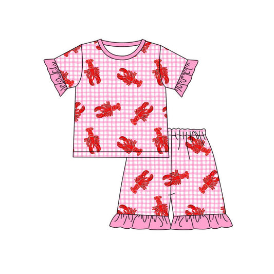 MOQ 5 PCS Preorder GSSO2839 Mardi Gras Crayfish Pink Plaid Short Sleeve Shorts Girls Sets 202511