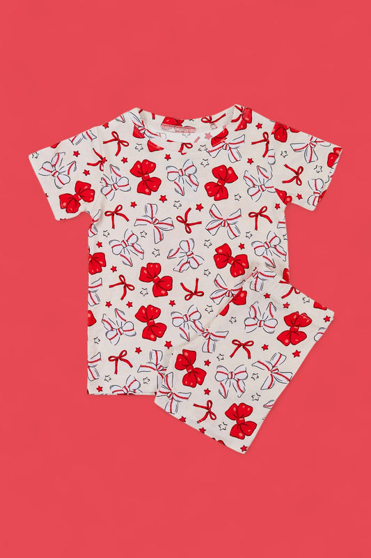 MOQ 5 PCS Preorder GSSO2847 Red White Star Bows Short Sleeve Shorts Girls Sets 202511