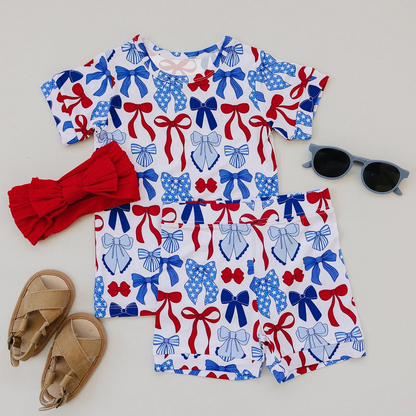 MOQ 5 PCS Preorder GSSO2848 4th of July Red Blue Star Bows Short Sleeve Shorts Girls Sets 202511