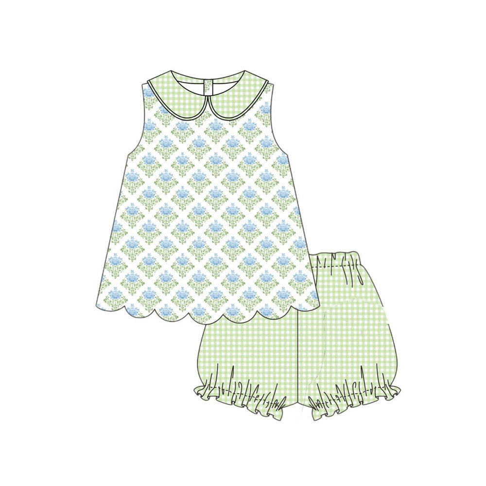 MOQ 5 PCS Preorder GSSO2850 Flower Green Plaid Doll Collar Sleeveless Shorts Girls Sets 202511