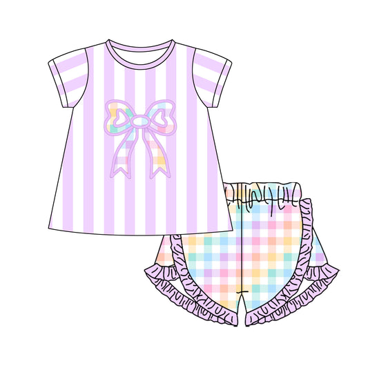 MOQ 5 PCS Preorder GSSO2851 Colored Plaid Bows Purple Stripe Short Sleeve Shorts Girls Sets 202511