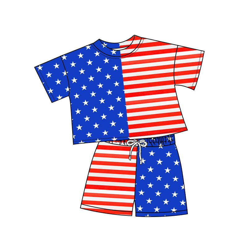 MOQ 5 PCS Preorder GSSO2852 4th of July Star Stripe Short Sleeve Shorts Girls Sets 202511
