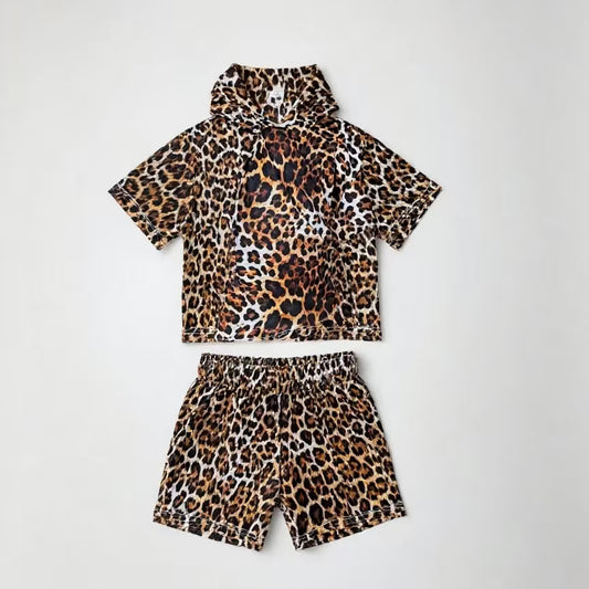 MOQ 5 PCS Preorder GSSO2857 Brown Leopard Hooded Short Sleeve Shorts Girls Sets 202511