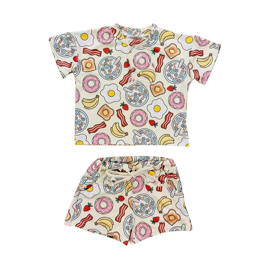 MOQ 5 PCS Preorder GSSO2861 Banana Donut Strawberry Beige Short Sleeve Shorts Girls Sets 202511
