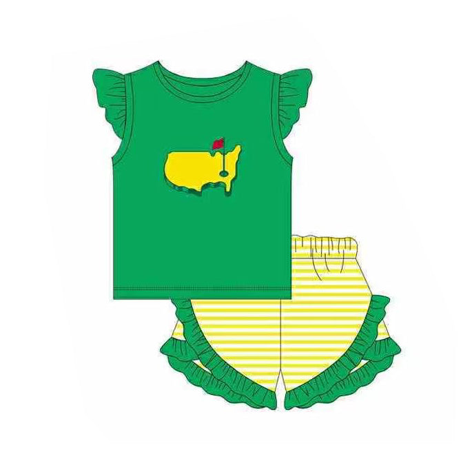 MOQ 5 PCS Preorder GSSO2867 Golf Course Red Flag Green Flying Sleeve Yellow Stripe Shorts Girls Sets 202511