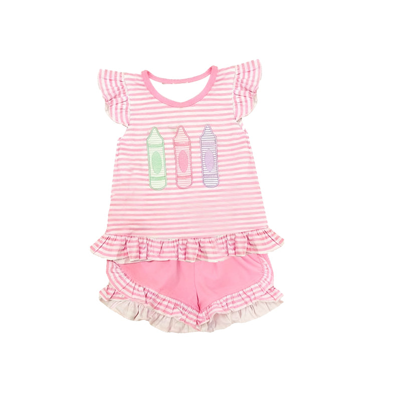 MOQ 5 PCS Preorder GSSO2868 Back to School Crayon Pink Stripe Ruffle Flying Sleeve Shorts Girls Sets 202511