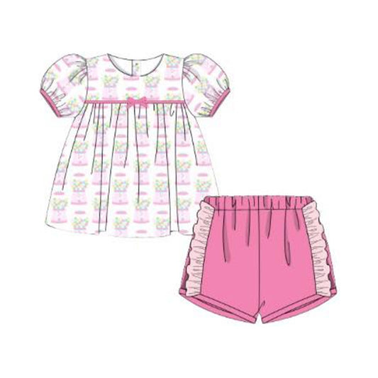 MOQ 5 PCS Preorder GSSO2870 Gashapon Machine Short Sleeve Ruffle Rose Red Shorts Girls Sets 202511