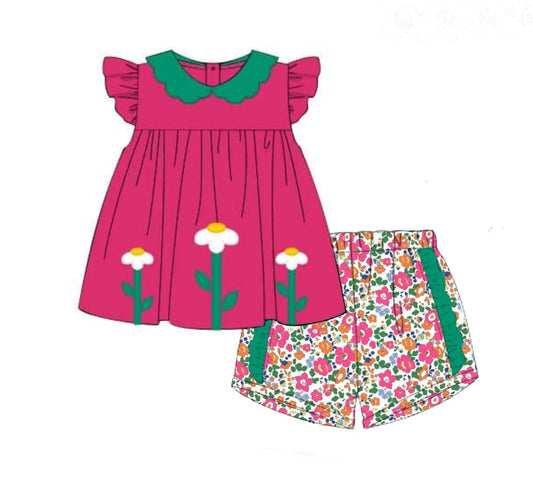 MOQ 5 PCS Preorder GSSO2873 Flower Green Doll Collar Rose Red Flying Sleeve Shorts Girls Sets 202511