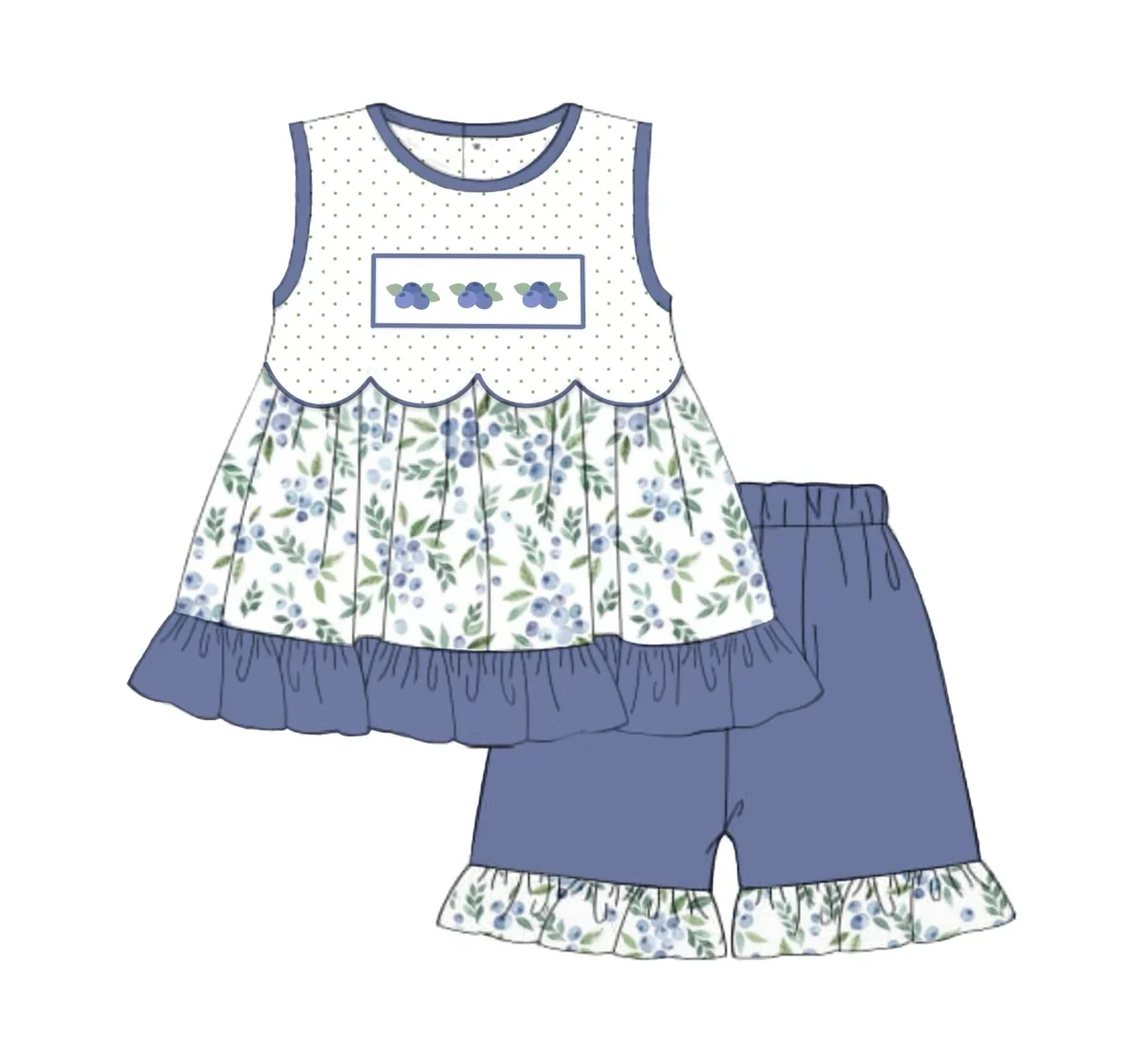 MOQ 5 PCS Preorder GSSO2874 Blueberry Leaf Polka Dot Sleeveless Shorts Girls Sets 202511