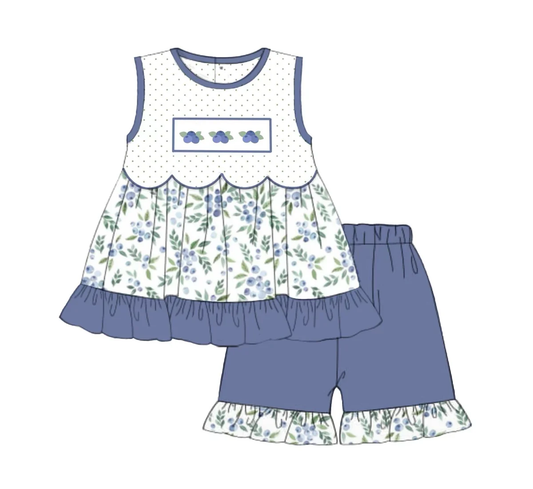 MOQ 5 PCS Preorder GSSO2874 Blueberry Leaf Polka Dot Sleeveless Shorts Girls Sets 202511