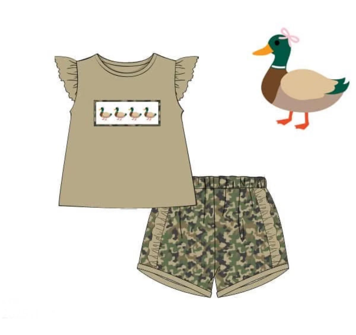 MOQ 5 PCS Preorder GSSO2875 Ducks Gray Brown Flying Sleeve Ruffle Camouflage Shorts Girls Sets 202511
