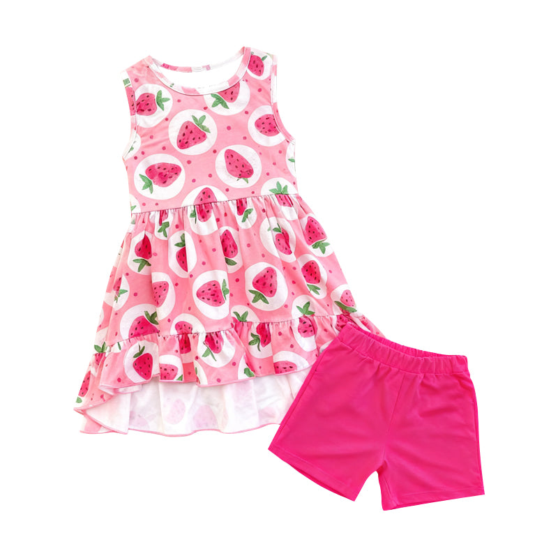MOQ 5 PCS Preorder GSSO2880 Strawberry Dots Rose Red Sleeveless Shorts Girls Sets 202511