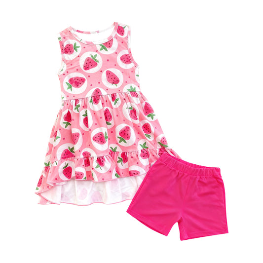 MOQ 5 PCS Preorder GSSO2880 Strawberry Dots Rose Red Sleeveless Shorts Girls Sets 202511