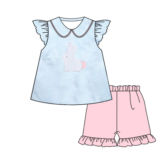 MOQ 5 PCS Preorder GSSO2883 Easter Bunny Blue Flying Sleeve Pink Ruffle Shorts Girls Sets 202511