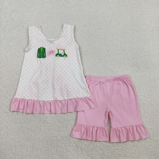 GSSO2884 Embroidered Sightseeing Car Pink Dots Bows Ruffle Sleeveless Shorts Girls Sets 202601 RTS