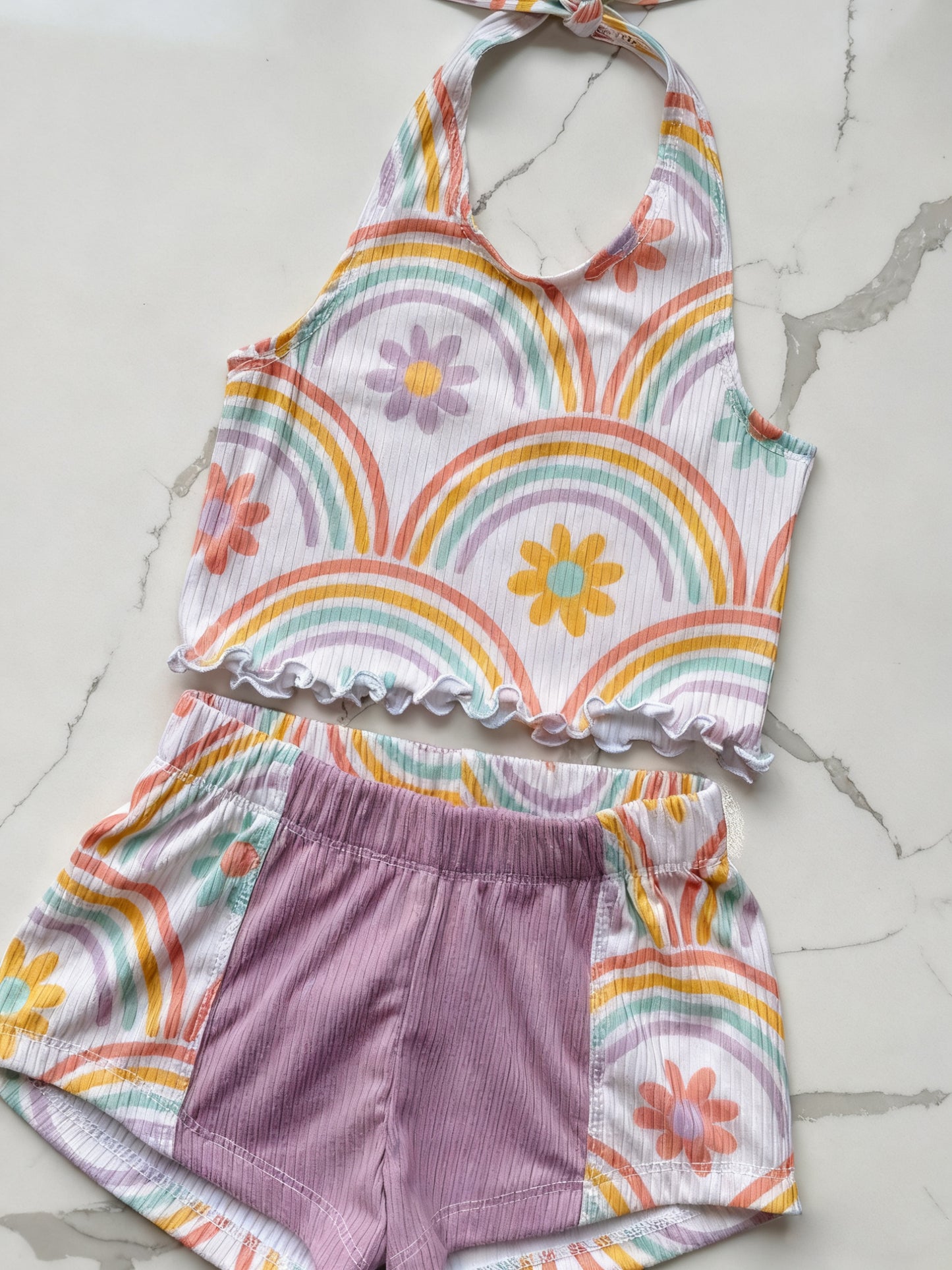 MOQ 5 PCS Preorder GSSO2890 Flower Rainbow Ruffle Halter Shorts Girls Sets 202511