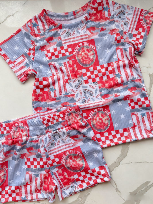 MOQ 5 PCS Preorder GSSO2894 4th of July Star Stripe Plaid Short Sleeve Shorts Girls Sets 202511